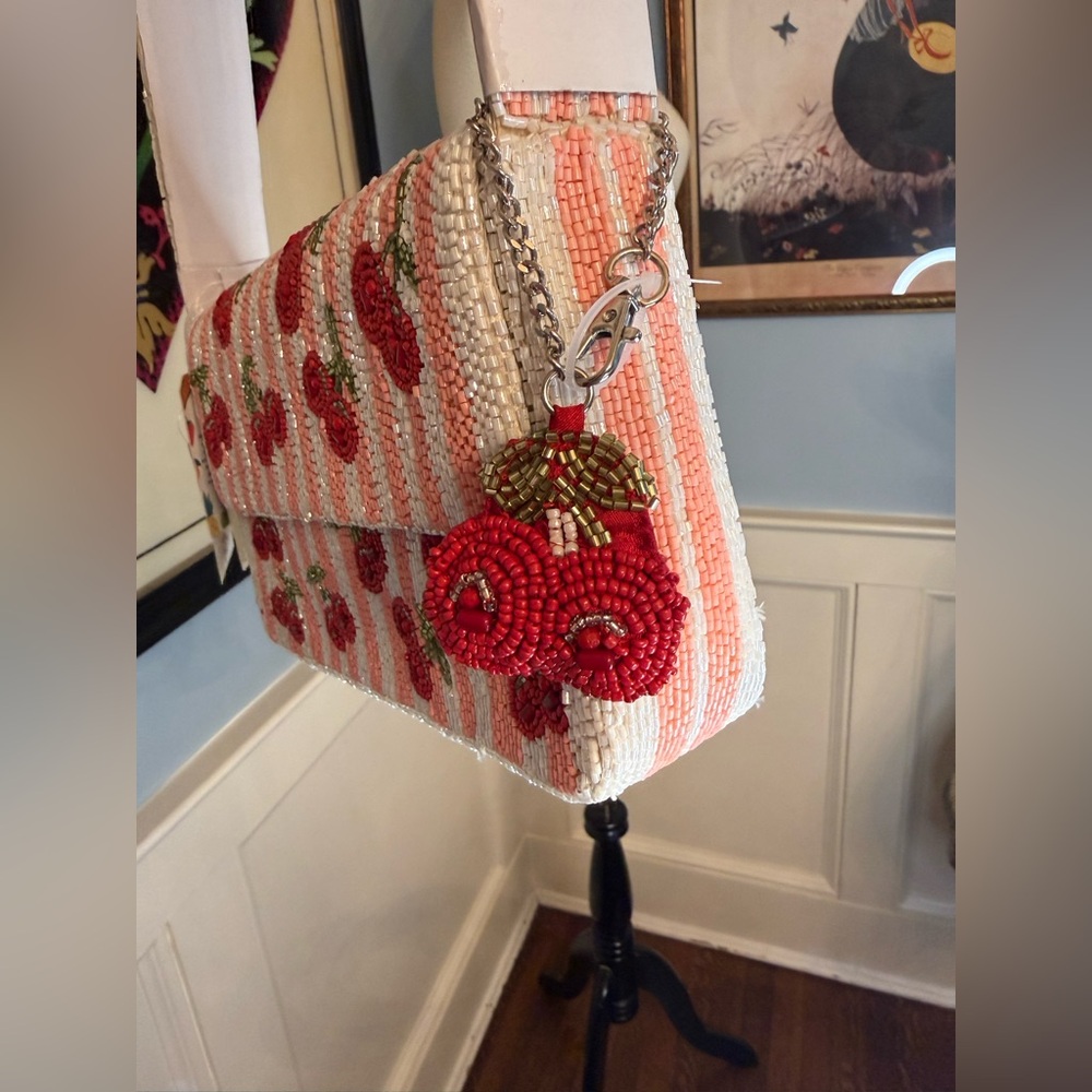 Viral Beaded Bag! NWT Cherries with Pink and White Stripes Shoulder Bag - Picture 3 of 7